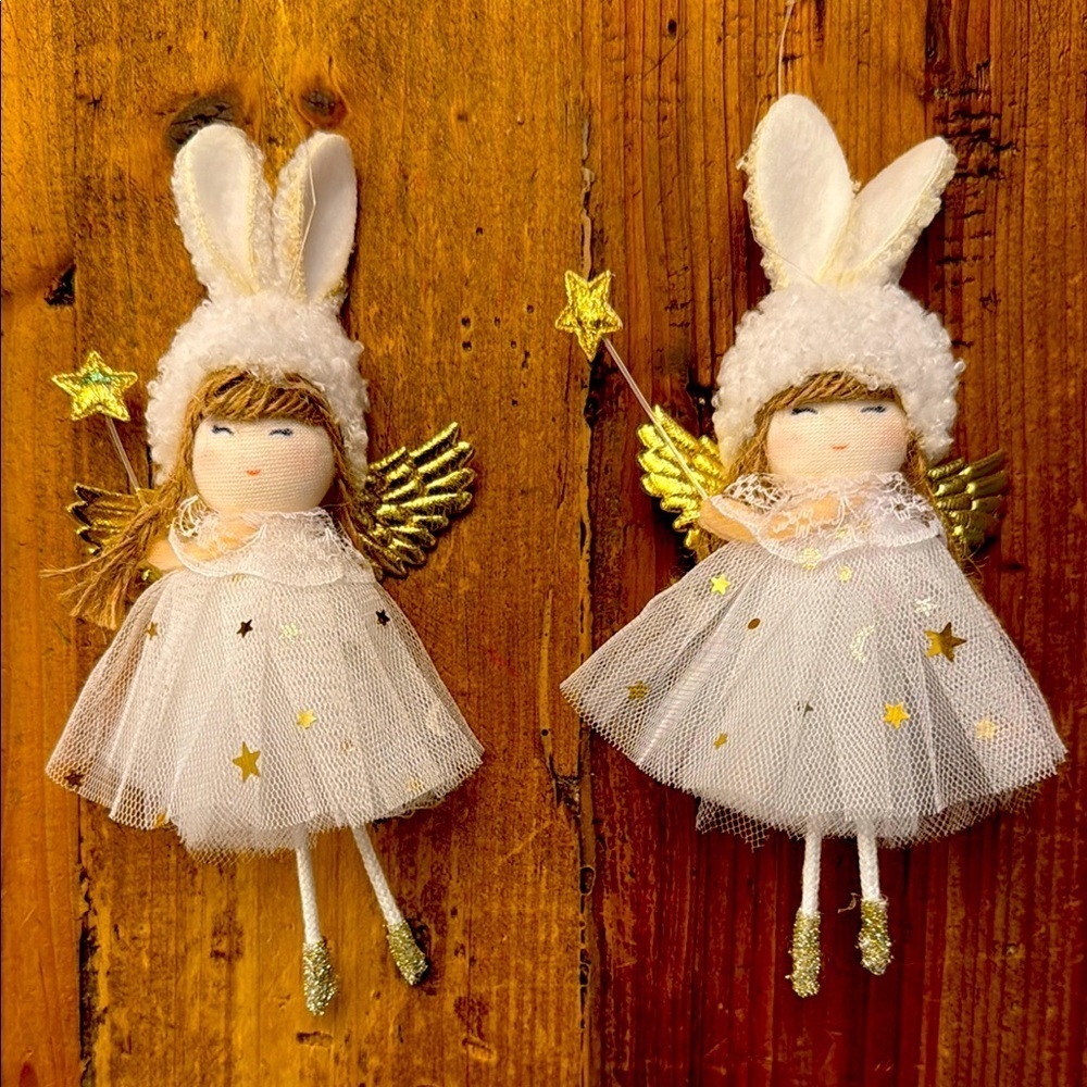 2! Adorable Christmas Angel Bunny Dolls with Gold Accents